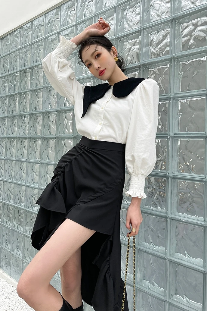 

LANMREM Irregular Design Collar Shirt Long-sleeved For Women White Color All Match Fashion Tide Streetwear Top Clothes 2A7034