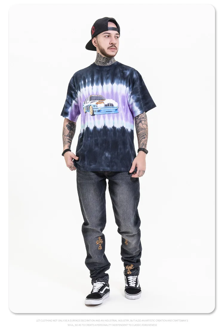 

2021 Spring and Summer New Tie-dye Hip-hop Trend T-shirt Car Print Short-sleeved T Shirt for Men and Women Clothing