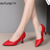autuspin wedding red shoes for bridal women classic shallow pumps 2022 spring genuine leather soft high heels zapatos de mujer