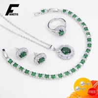 fuihetys ring earrings necklace bracelet 925 silver jewelry set with emerald zircon gemstone accessories for women wedding party