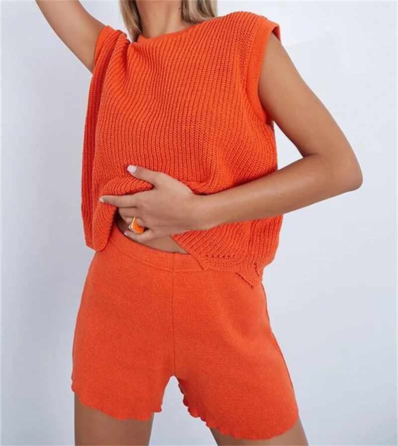 

hirigin 2 Pieces Solid Color Suits 2021 Women Loose Causal Round Neck Knitted Tank Tops High Waist Biker Shorts Pants Female