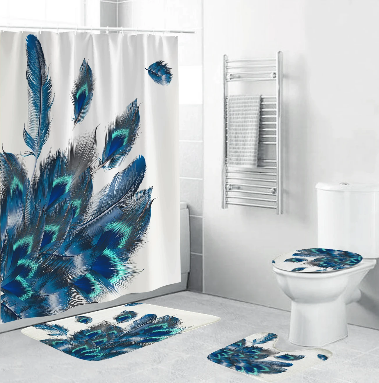 

Занавеска для душа с принтом павлиньих перьев, водонепроницаемый комплект с крючками для ванной комнаты, украшение для дома