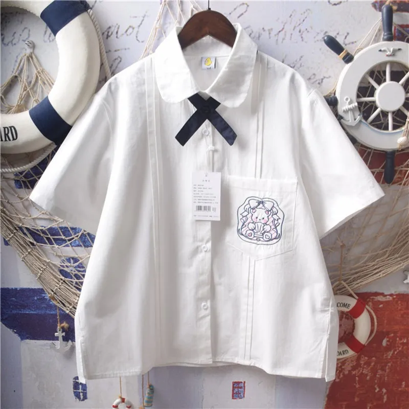 

Japan Kawaii Chiffon White Blouse Women Autumn 2021 Long Sleeve Rabbit Embroidery Shirts Lolita Style Tops Clothes Schoolgirl