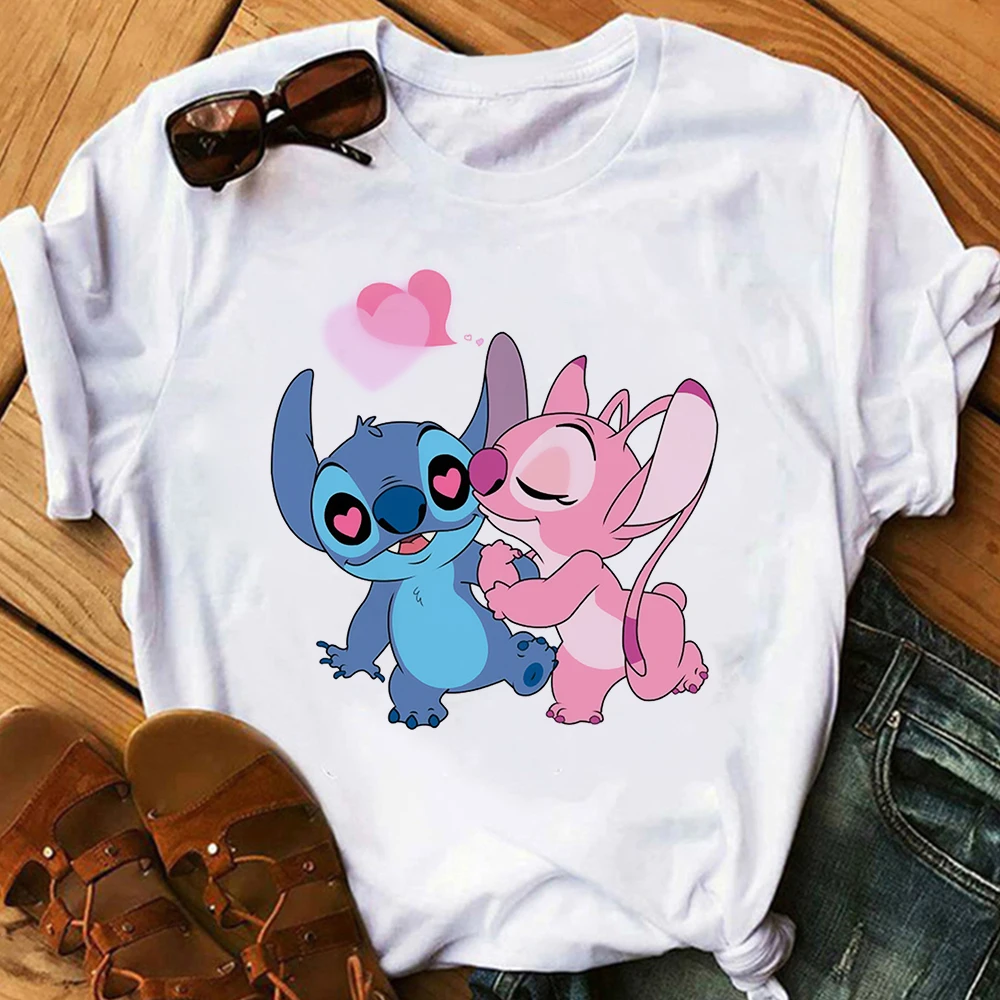 

Disney Lilo Stitch Cartoon T-shirts Tops for Women Lady Girl Summer Female T-shirts White O-neck Ohana Stitch Hot Tees T-shirts