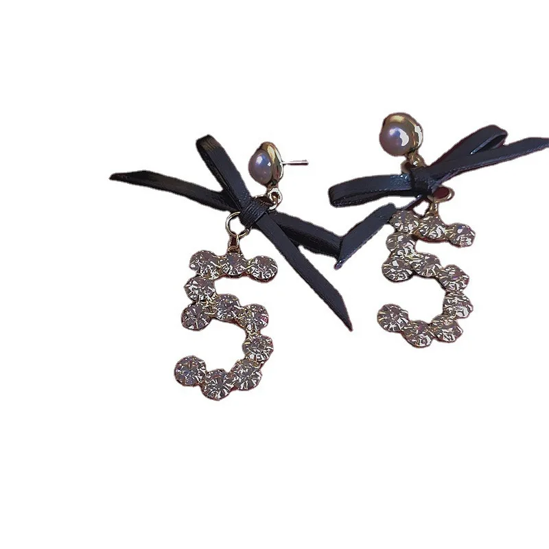 

TIMEONLY Statement Shinning Crystal Numerals 5 Drop Earring Black Color Leather Bowknot Earrings for Women Female Party Jewelry
