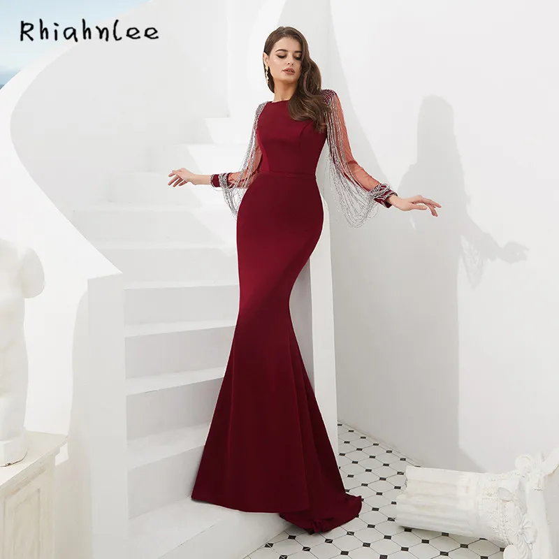 Rhiahnlee бордовые вечерние платья с длинным рукавом Дубай robe de soiree Sweep Train Русалка