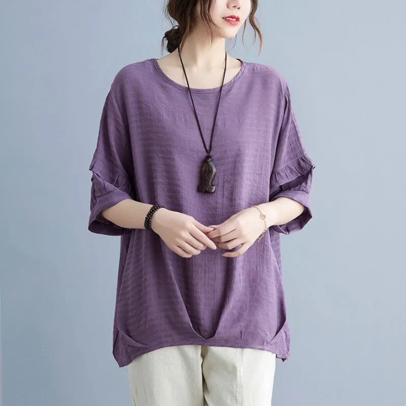 

Women Summer Loose Casual T-shirts New 2021 Simple Style O-neck Solid Color Female Half Sleeve Cotton Linen Tops Tees S3640