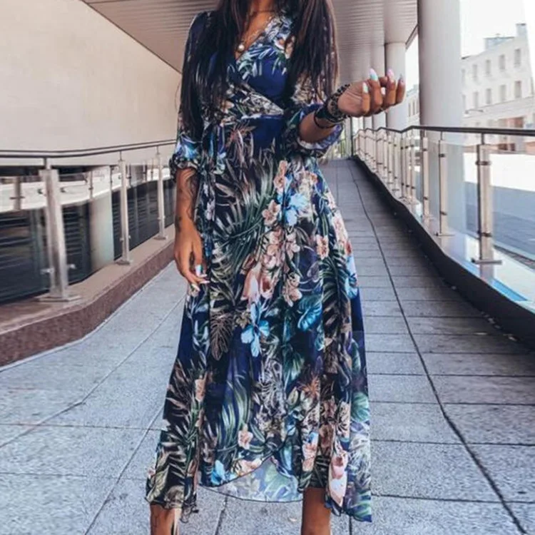

Summer Women Dress Robe Elegant Floral Print Long Dress Casual Maxi Long Skirt Wrap Beach Dresses Sexy V-Neck Boho Chiffon Dress