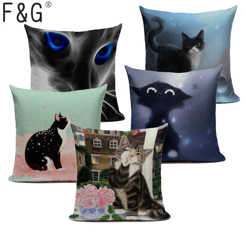 С черными котиками и декоративная наволочка на подушку размером 45*45 см из хлопка