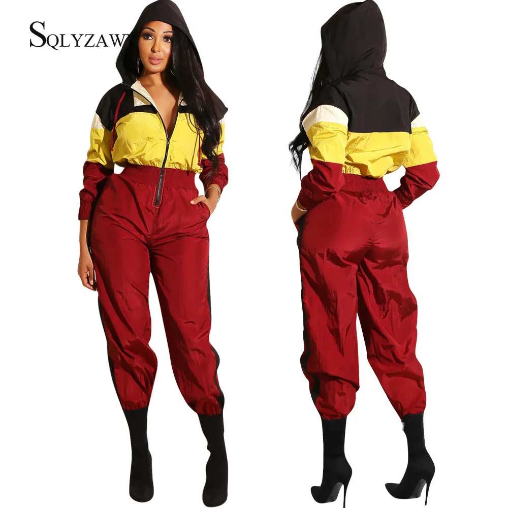 Сексуальный лоскутный комбинезон женский 2019 с капюшоном длинный рукав молния