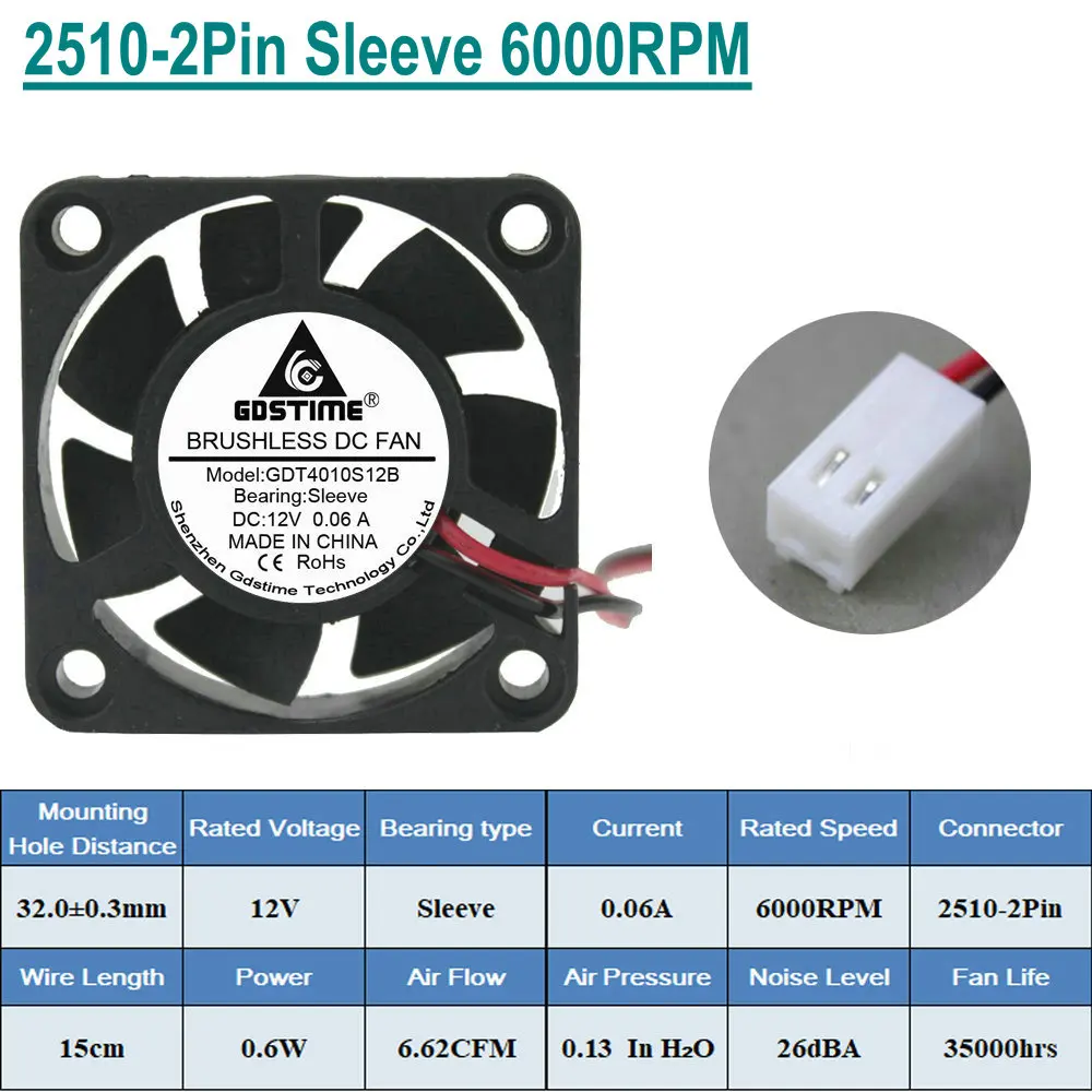 10 штук в партии Gdstime DC 12V 2Pin 4 см 40x40x10 мм 40 мм 4010 маленький Бесщеточный Охлаждающий вентилятор - Цвет лезвия: 2510 Sleeve 6000RPM