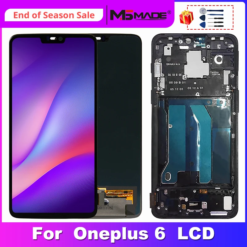 Pantalla t&aacute;ctil LCD Super AMOLED de 6,28 pulgadas para Oneplus 6, piezas de montaje de digitalizador con Marco, 1 + 6-0