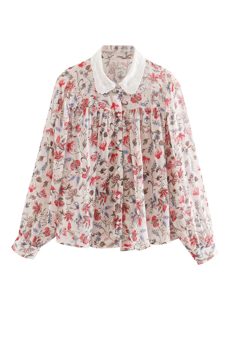 

2021 Spring Shirts Flowers Printing Women Korean Style Cute Long Sleeve Blouse Elegaht Short Casual Coat Summer Tops