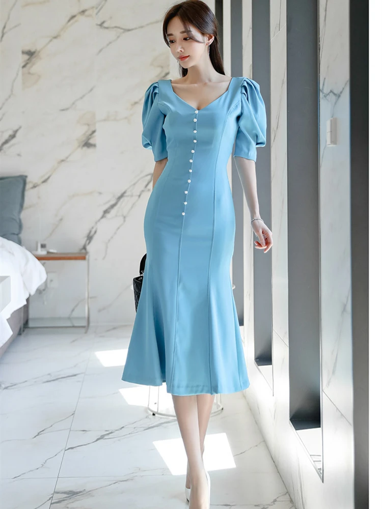 

Women Solid Color Office Lady Dress Summer Short Sleeve High Waist Dress Elegant Party Elegant Midi Female Fashion Dress