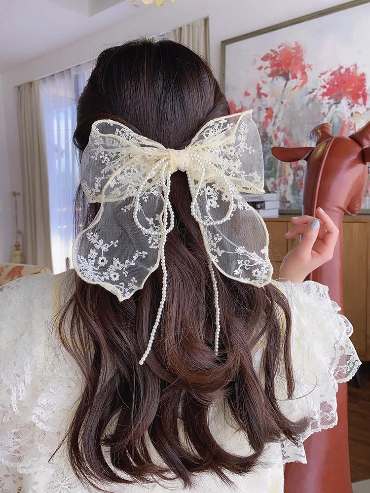 

New super fairy lace bow hairpin pearl tassel top with girl retro temperament hairpin subnet headdress