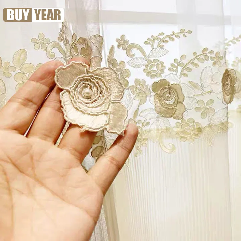 

Modern Luxury Embossed Embroidery Beaded Lace Blackout Curtains For Living Room Bedroom Villa Blue High-end Curtains Custom