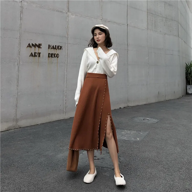 Новинка 2020 Женская однотонная трикотажная Плотная юбка бедра с разрезом на