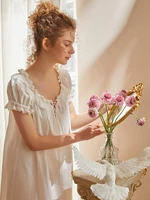 cotton viscose womens long nightgowns vintage short sleeve sleepwear loose royal sweet girls princess girls night dress