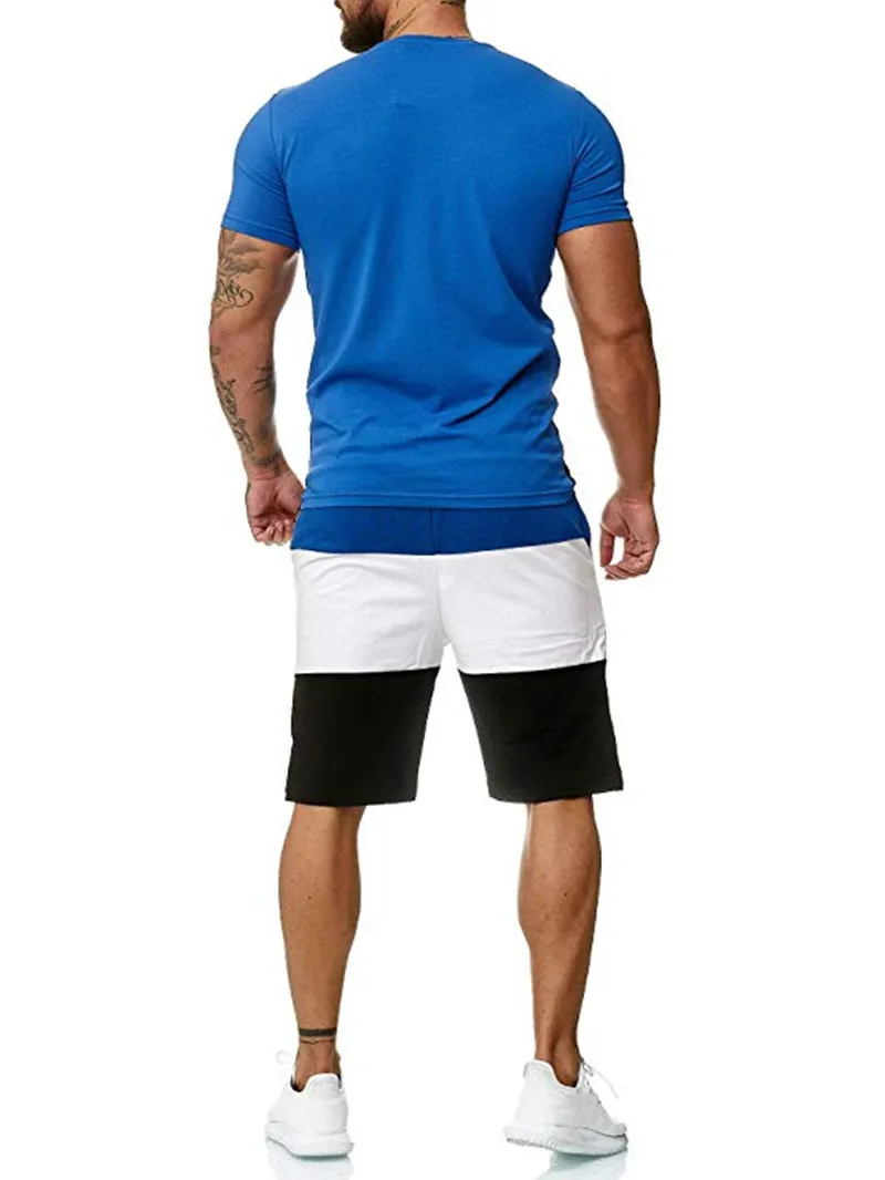 

New men's round neck short sleeve + shorts sports suit summer outdoor fitness sports color matching T-shirt shorts set