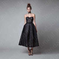 2021 new charming black lace evening dresses tea length sleeveless wedding party gowns short sweetheart open back on sale