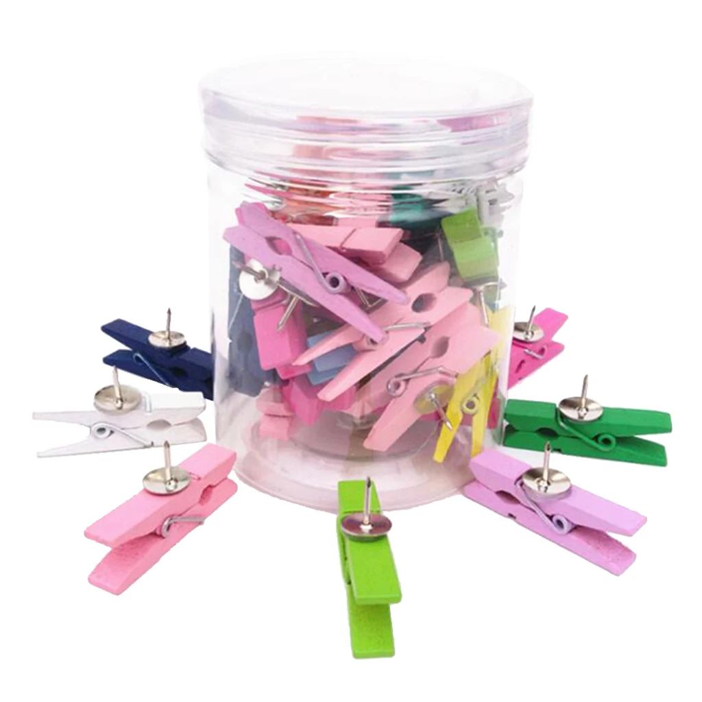 

100x Colored Mini Wooden Clips Clothe Photo Peg Clothespin ThumbTacks for Office