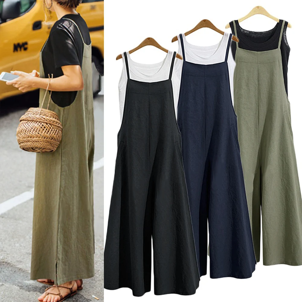 

Women Strap Loose Jumpsuit Summer Casual Wide Leg Pants Solid Dungaree Bib Overalls Sleeveless Oversized Cotton Linen Jumpsuits