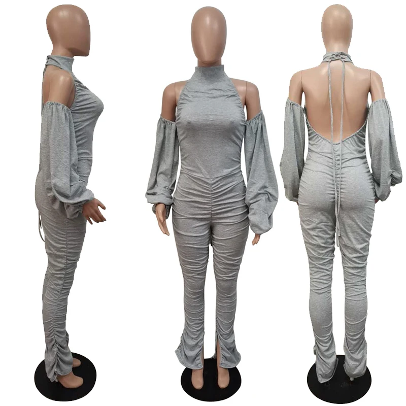 

Bangniweigou Sexy Backless Stacked Jumpsuits for Women Puff Sleeve Party Outfits Club Rompers Halter Jumpsuit Gray