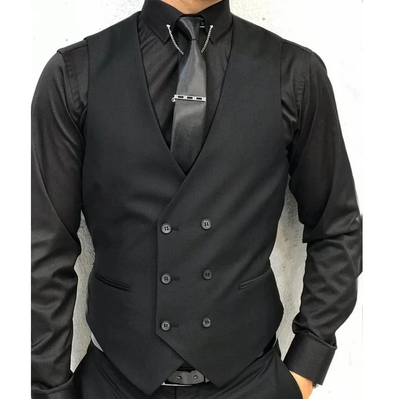 

Fashion Black Double Breasted V-Neck Formal Business Waistcoat Custom Men Suit Vest Male Fashion Clothes One Piece