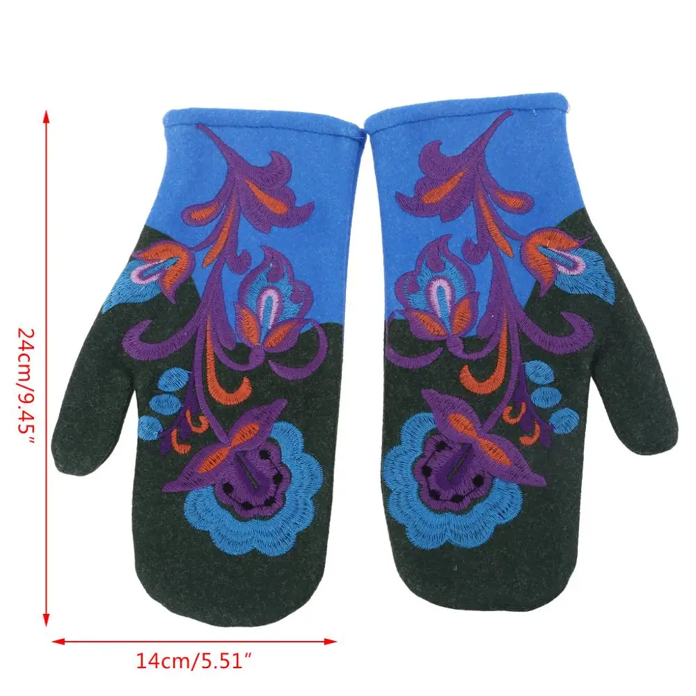 

Women Winter Faux Cashmere Thicken Warm Full Finger Gloves Ethnic Vintage Colorful Floral Embroidered Thermal Mittens