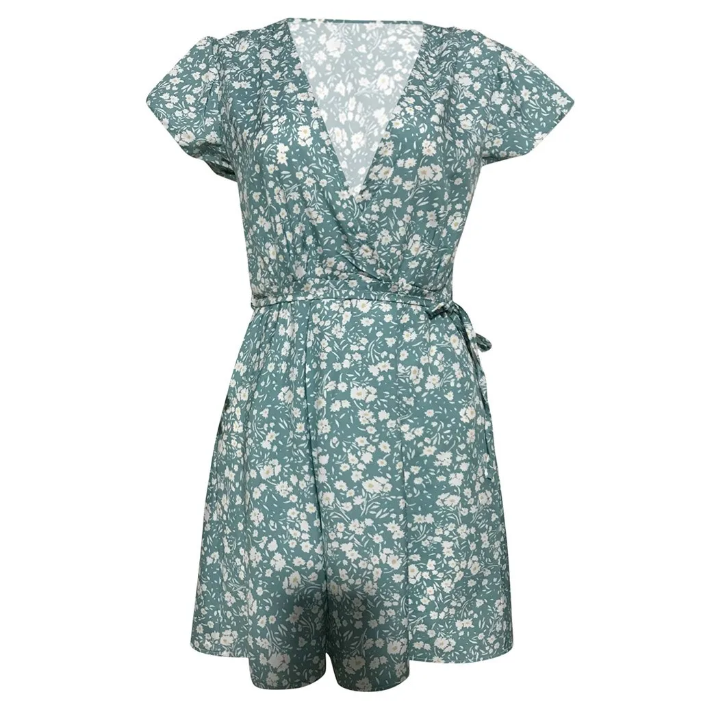 

Summer Dress For Women Dresses Foral Print Sexy Bohe Bandage Beach Mini Dress Casual Short Sleeve V Neck Green Dress Robes Femme