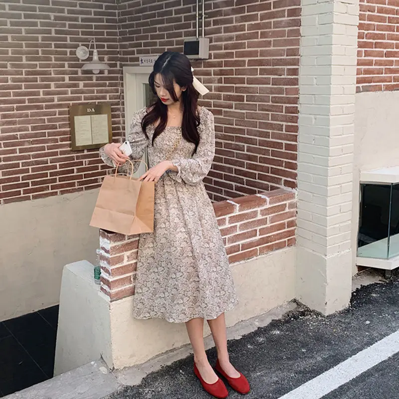 

2021 new spring summer versatile retro soft floral medium length loose chiffon with medium length dress