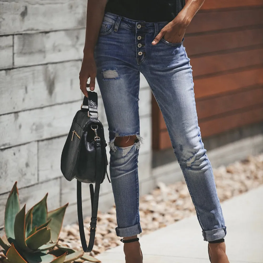 

Women Jeans Hight Waisted Skinny Hole Denim Jeans Stretch Slim Pants Calf Length Jeans 2020 Hot Sell Office Ladies Jean