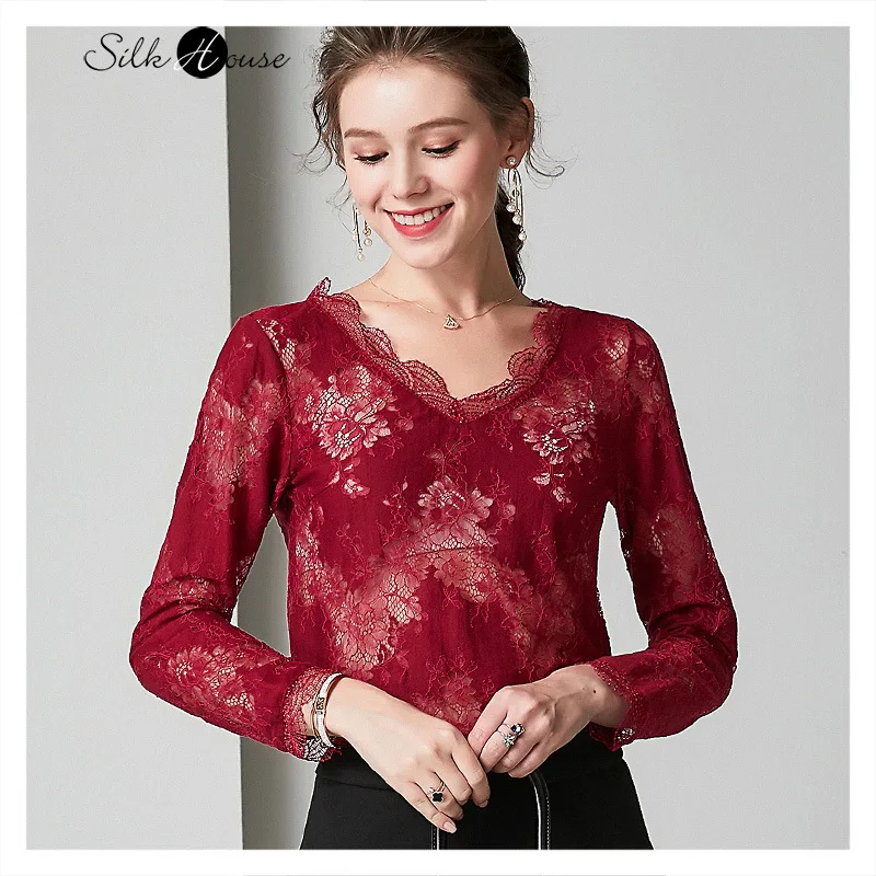 Прозрачная Сексуальная кружевная рубашка Женский темпераментный Свободный Топ