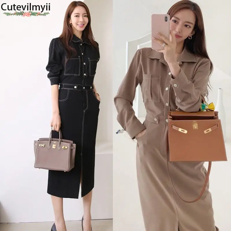 

Elegant Autumn Winter Lapel Buttons Women Dress Long Sleeve Single-breasted Front Split Female Straight Dress 2021 OL Vestidos