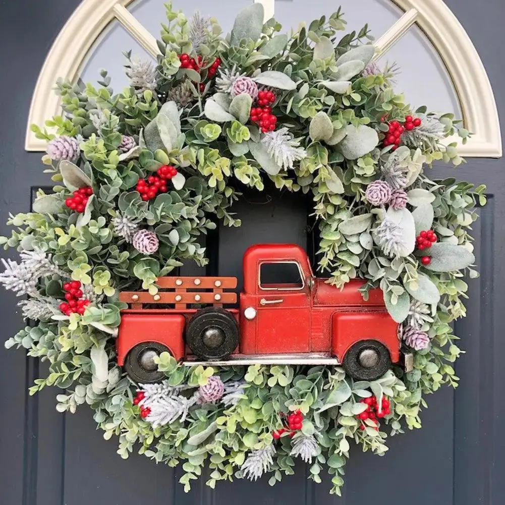 

40 см красный грузовик, Рождественский венок, красные ягоды, сосновые конусы, искусственный венок, входная дверь, Подвесной Настенный декор, ...