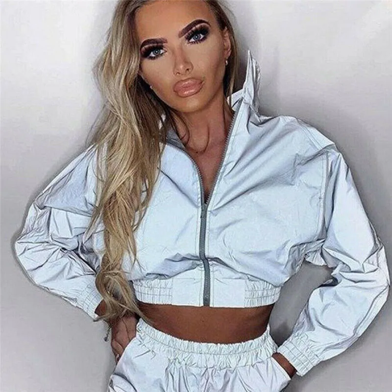 Женское модное пальто куртки серый светоотражающий топ на молнии с длинным