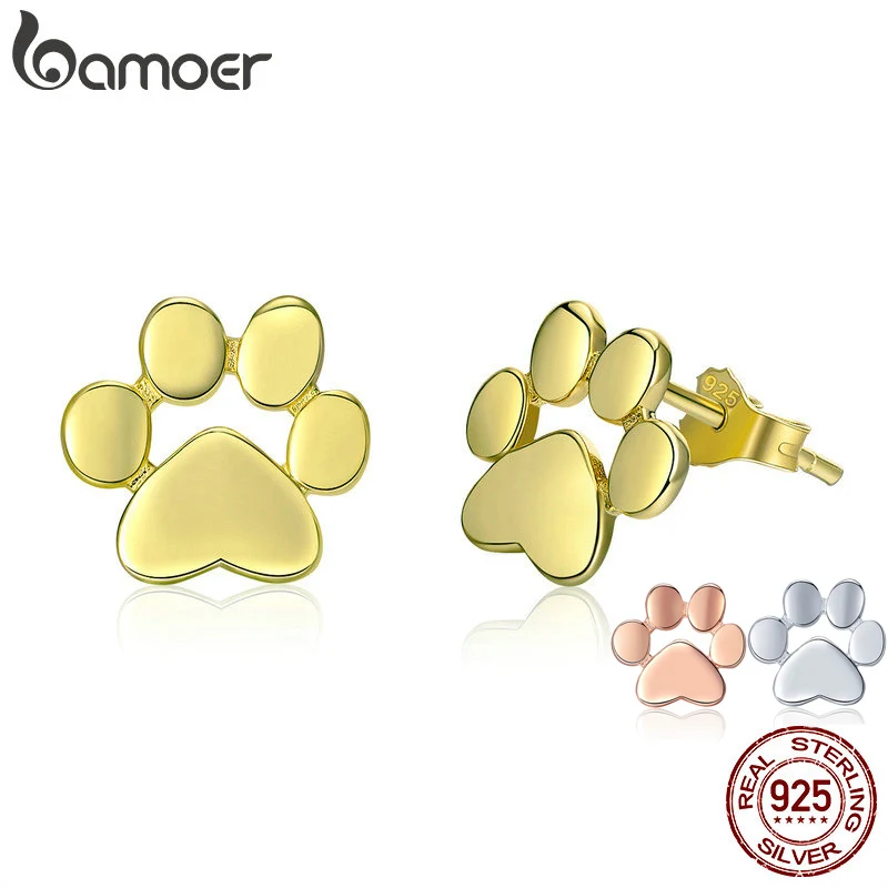 BAMOER, кошачья лапа, серьги-гвоздики, 925 пробы, серебро, животные, собаки, следы, серьги-гвоздики для женщин, 3 цвета, золотой цвет, ювелирное изделие SCE407