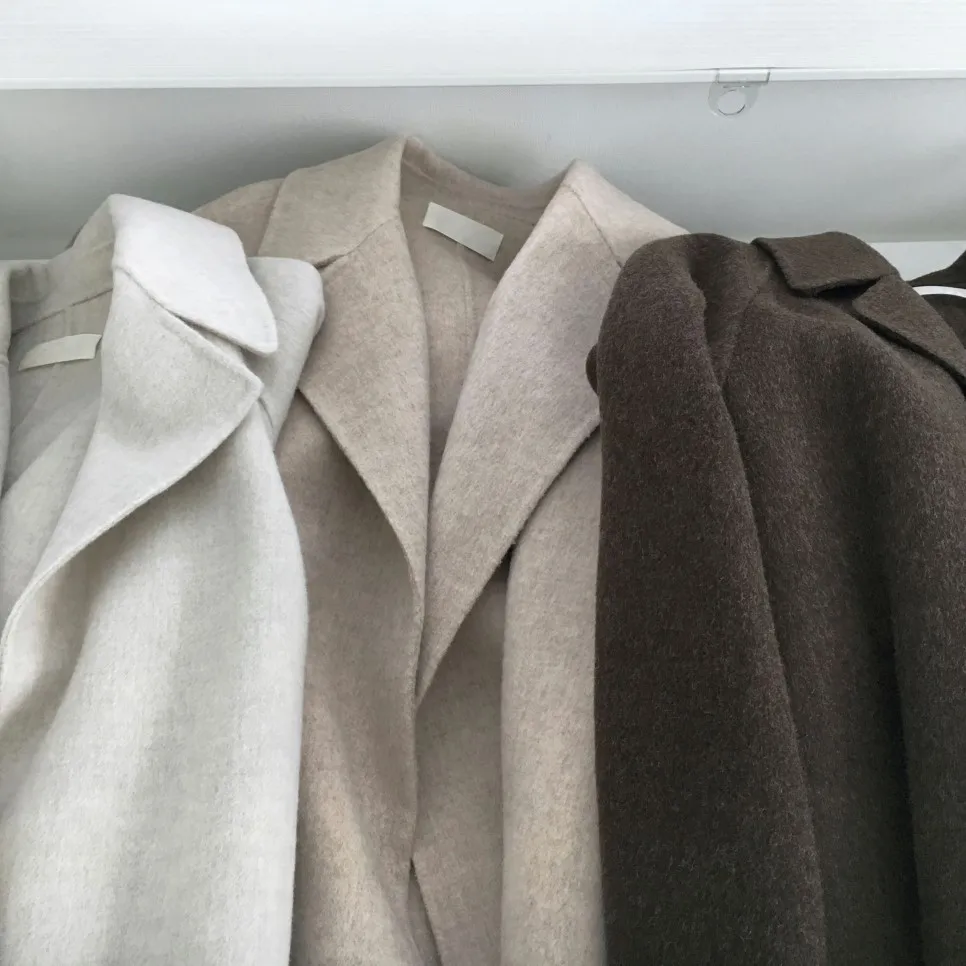 

Women Long Wool Coat Solid Color Autumn Winter Office Ladies Long Sleeve Notched Loose Pocket Chic Outerwear With Belt