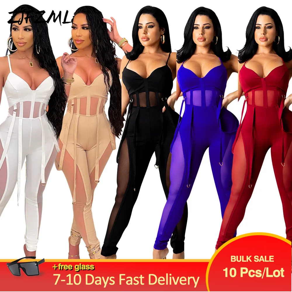 

Bulk Items Wholesale Lots Women's Long Jumpsuit Elegant Sheer Mesh Perspective Skinny Overall Sexy Solid Ribbon Bodycon Catsuits