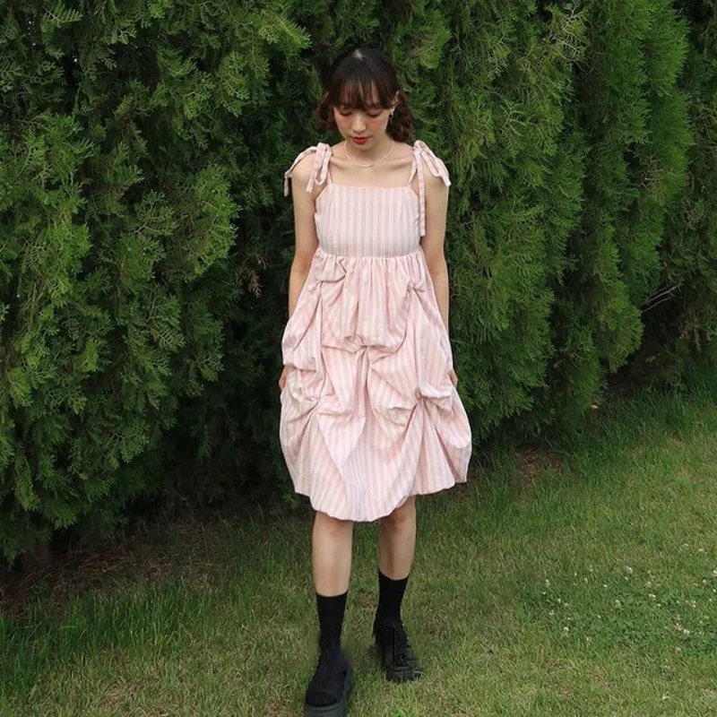 

Korejpaa Women Dress 2021 Summer Korean Fashion Sweet Print Square Collar Small Floral Design Loose Pleated Fluffy Sling Dresses