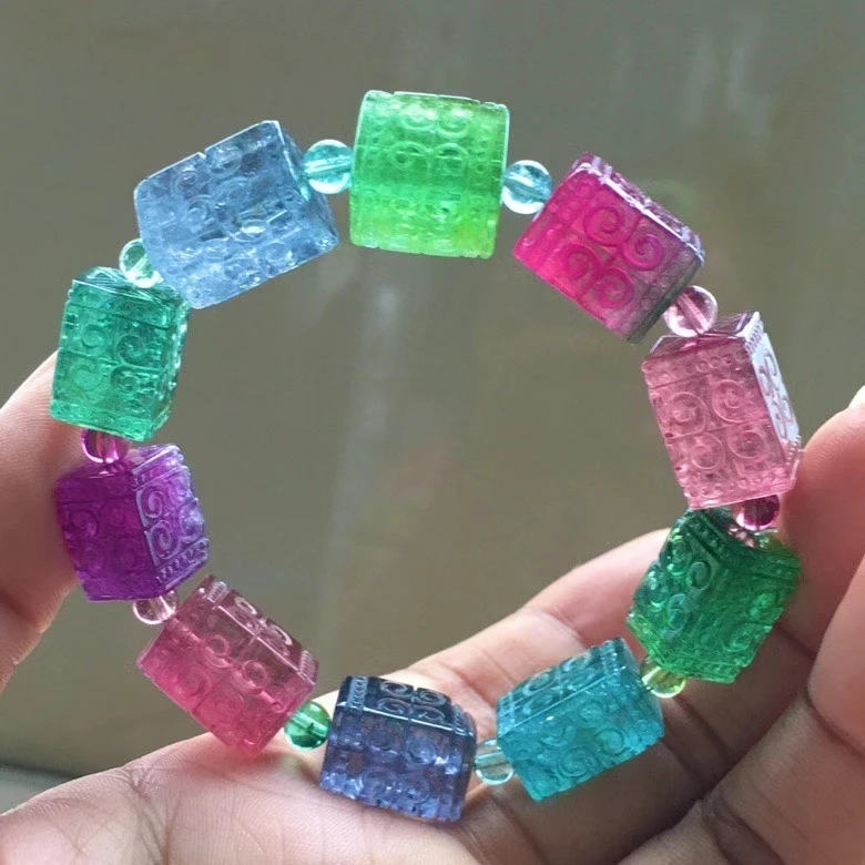 

Natural Rainbow Tourmaline Quartz Bracelet Clear Cube Rectangle Carved Beads 11/15/10mm Colorful Tourmaline Stretch AAAAAAA