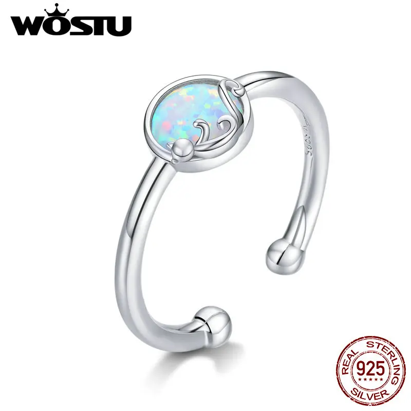 

WOSTU Opal Rings 925 Sterling Silver Freehand Cat with Opal Ball Open Rings for Women Love Wedding Jewelry Gifts CQR651