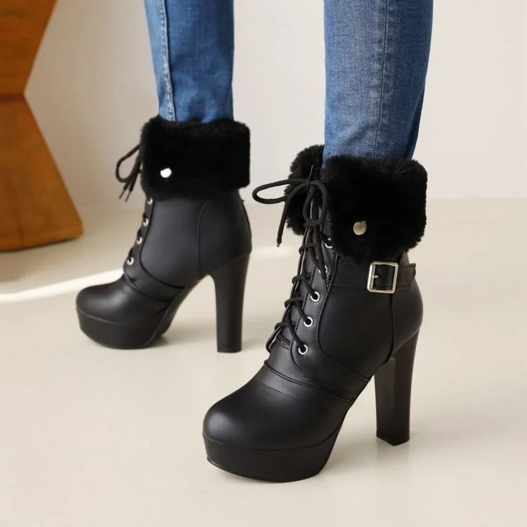 

2021 New Hairy Round Head Thick Heel Short Boots Martin Boots Fashion Women's Shoes Lace Up Thick Soled Ultra-high Heel Women's