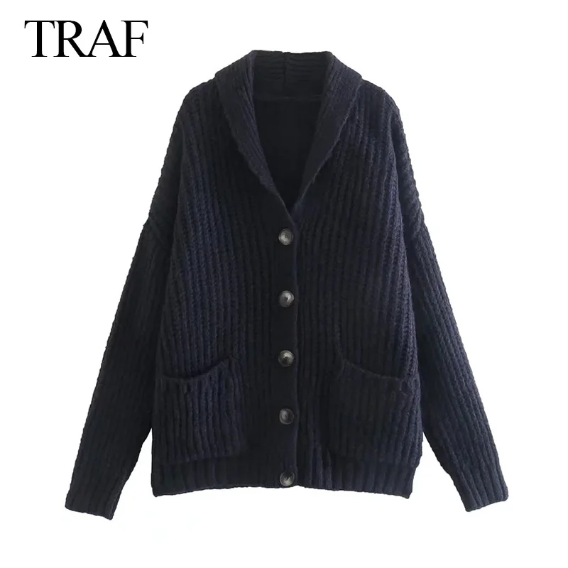 

TRAF Za Solid Large Size Women's Knitted Jacket Long Sleeve Pockets Sweater Women Autumn Winter All-Match Loose Thick Cardigan