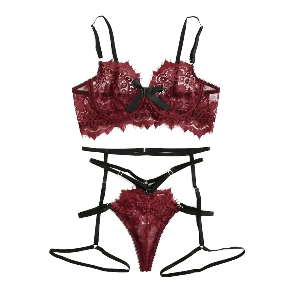 Сексуальное изысканное кружевное нижнее белье бюстгальтер + подвязка трусы