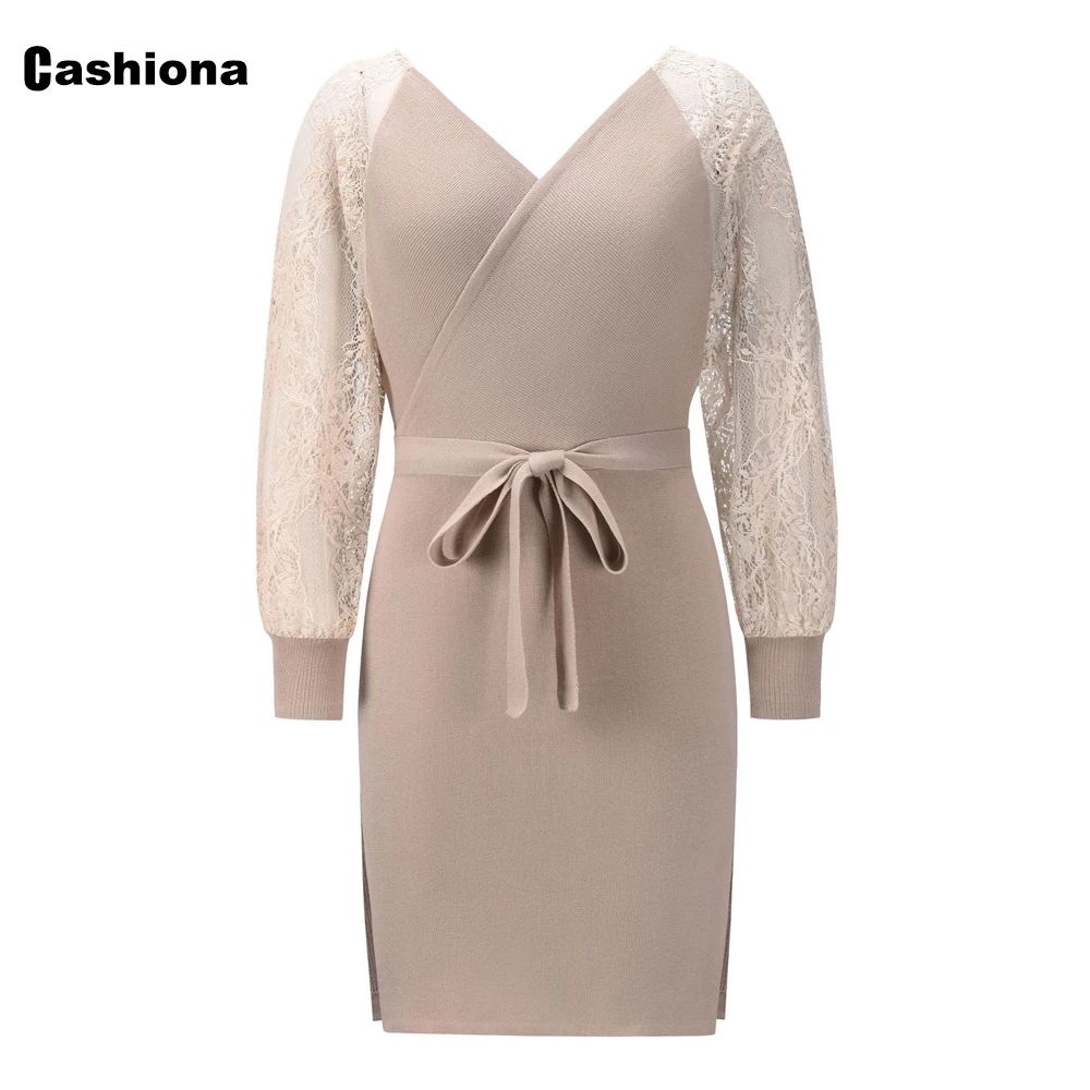 

Cashiona Knee-Length Dresses Patchwork Lace Sleeve Bodycon Women Clothing Fashion Streetwear Femme Skinny Knitted Dress vestidos