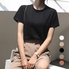 Однотонная Повседневная Корейская свободная футболка, женские топы, футболка оверсайз, хлопковая Футболка в стиле Харадзюку, базовая женская летняя новая простота