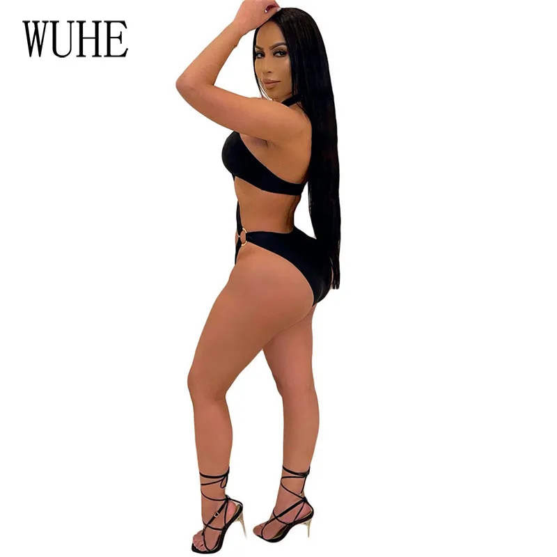 

YEYA Sexy Night Club Women Two Piece Set Hollow Out Halter Sleeveless Bodysuits Matching Drawstring Side Split Skirts Party Wear