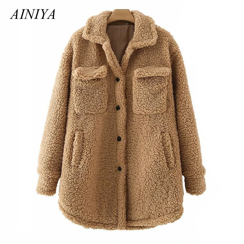 

AINIYA Womens Single Breasted Jackets Lady Pockets Soft Warm Lamb Wool Turn Down Collar Street Style Loose Overcoat Winter