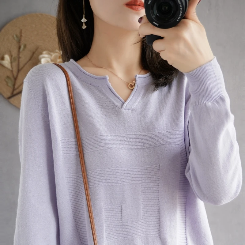 

Sweater women 2020 new solid color V-neck knitted sweater women pure cotton plus size T-shirt long-sleeved pullover top